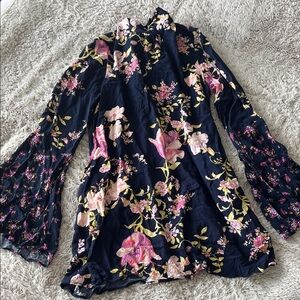 Free People Navy Floral Bell Sleeve Blouse